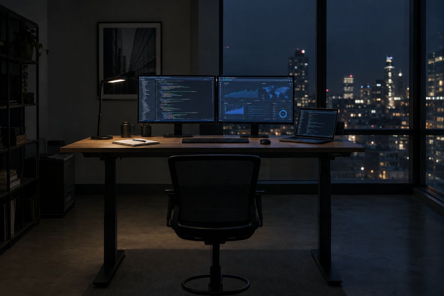 Engineering workspace at night