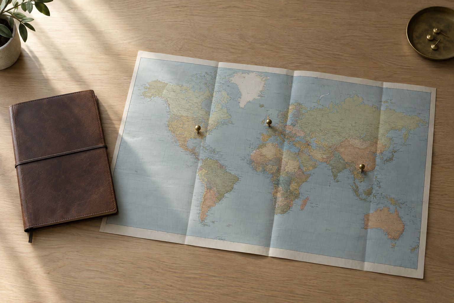 World map with brass pins