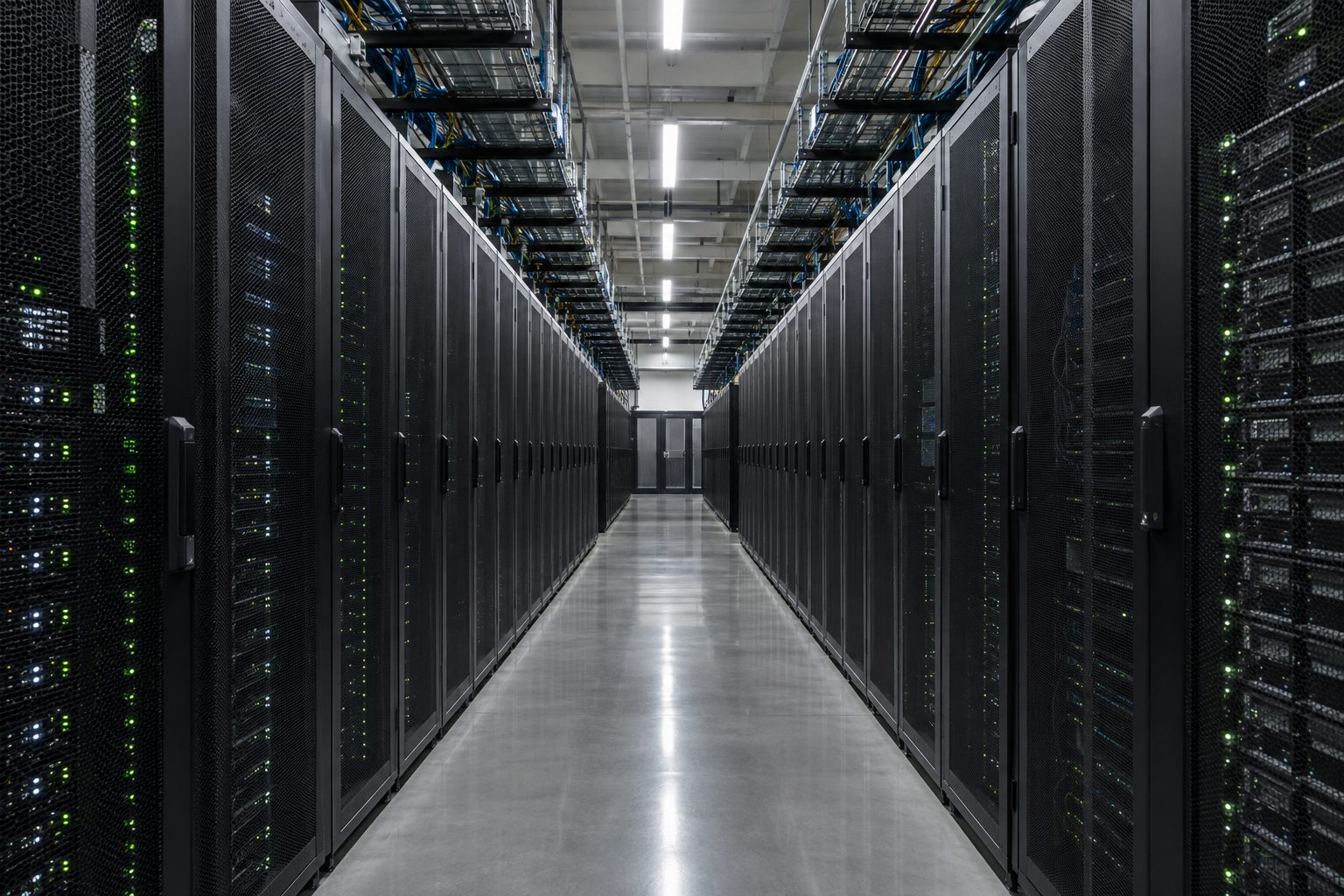 Aisle of GPU server racks in a data center