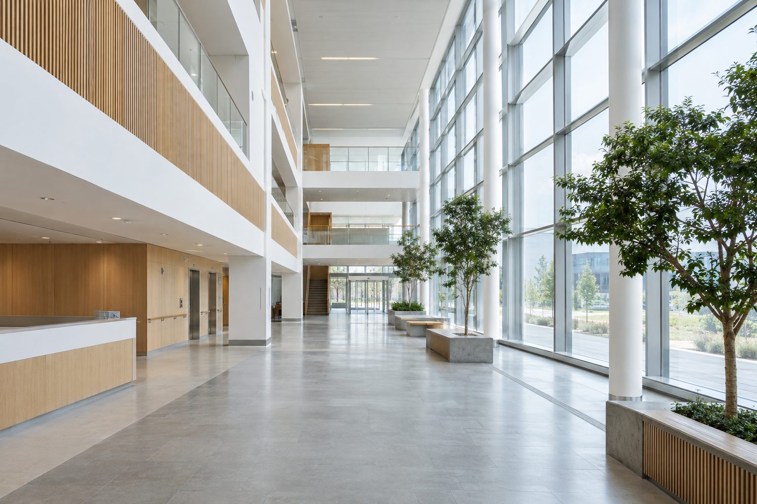 Modern hospital atrium in daylight